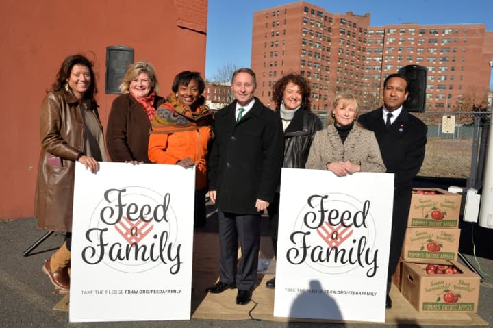 L to R: Cindy Carrasquilla, Stop &amp; Shop; Ellen Lynch,Food Bank for Westchester; State Senator Andrea Stewart-Cousins; Westchester County Executive Robert P. Astorino; Karen Brown and Becky McGovern; and Captain Giovanny Guerrero, Salvation Army.