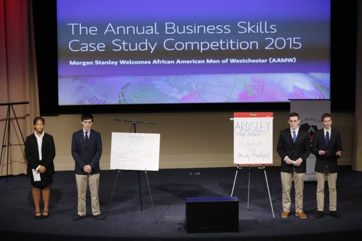 The team from Ardsley High School presents at Morgan Stanley&#x27;s Youth Business Competition.