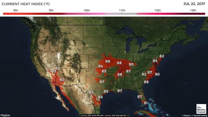 Heat index across the U.S. Saturday.