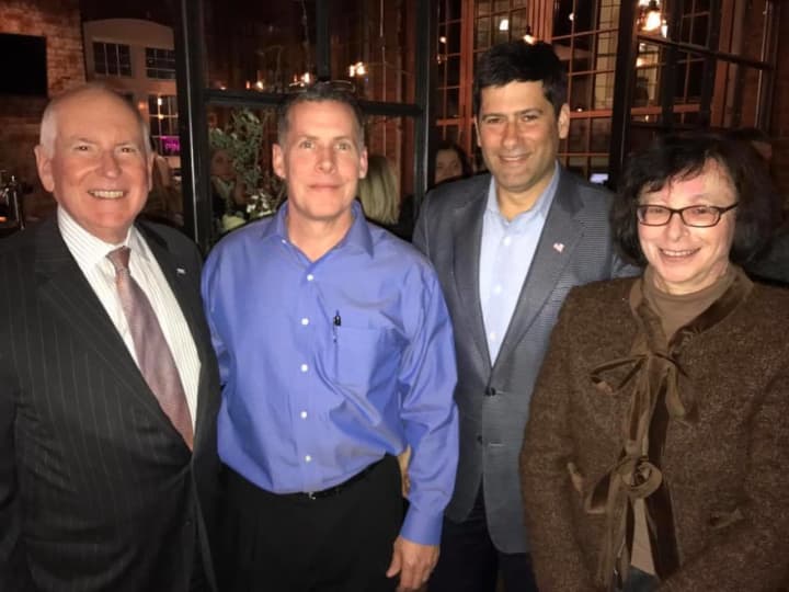 Westport&#x27;s Board of Selectmen - Jim Marpe, Avi Kaner and Helen Garten - celebrated Amis&#x27; &quot;soft opening&quot; with general manager Dan Licitra.
