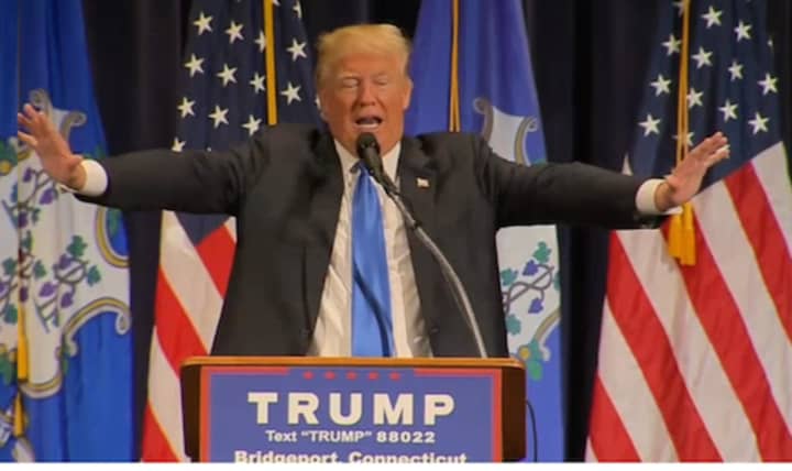 Donald Trump gestures during his speech at an April appearance in Bridgeport.