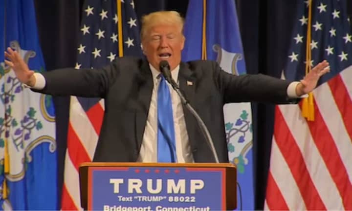 Donald Trump gestures during his speech to a packed crowd Saturday at the Klein in Bridgeport.