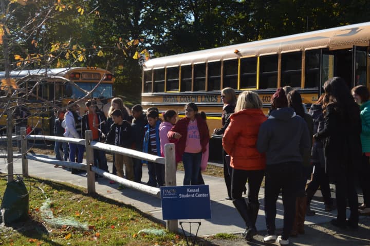 Ossining 5th Graders arrive at Pace University in Pleasantville for a day on campus.
