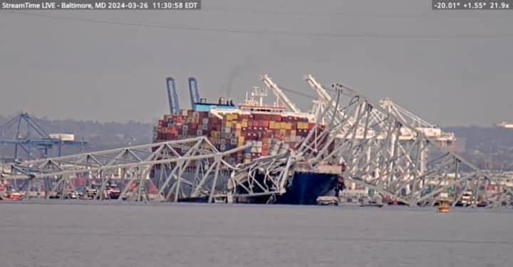 A daytime view of the cargo ship that crashed into the Francis Scott Key Bridge in Baltimore on Tuesday, Mar. 26, 2024.