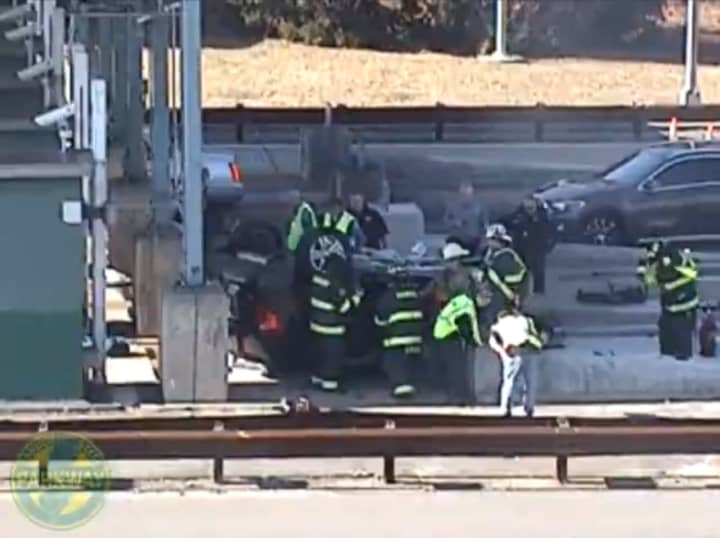 Crews on the scene of a crash at a toll booth on the Garden State Parkway in Barnegat, NJ.