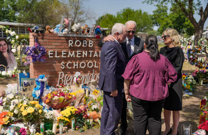 President Biden and First Lady Jill Biden meet with community members outside Robb Elementary School in Uvalde, Texas on May 29, 2022.