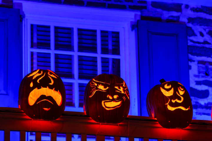Pumpkins on the manor porch at the Great Jack o&quot;Lantern Blaze in Croton.