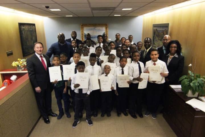 Westchester County Executive Robert P. Astorino meets with participants of the Boys to Men Mentoring Group at Cecil Parker Elementary School.