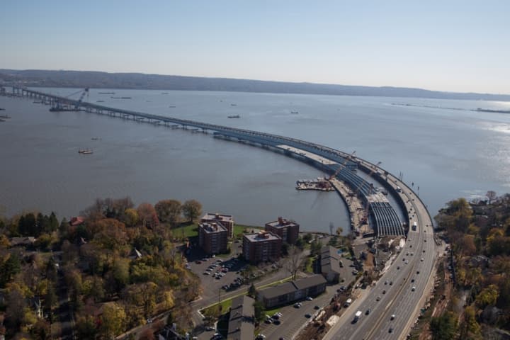 The Tappan Zee Bridge project as seen from Rockland County. A relatively mild winter has helped construction crews working on the span, unlike last year when high winds ripped several barges from their mooring.