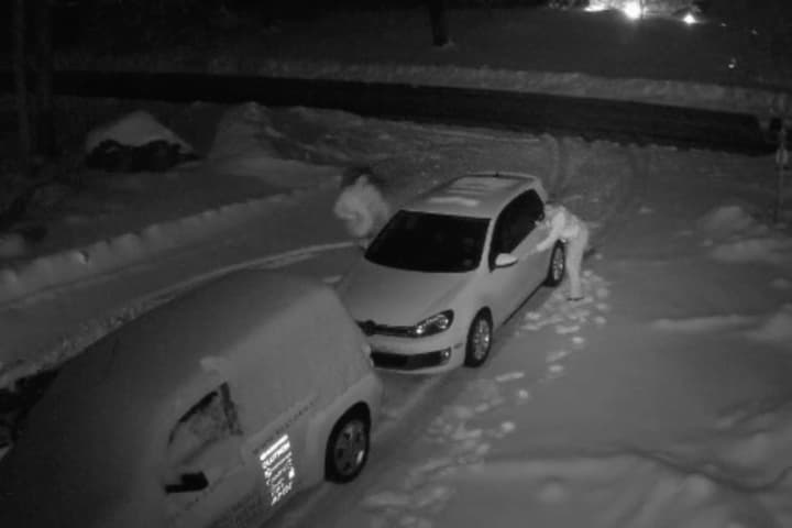 Screenshot of surveillance footage released by the Brookfield Police Department, showing thieves attempting to get into two vehicles left locked in a driveway.