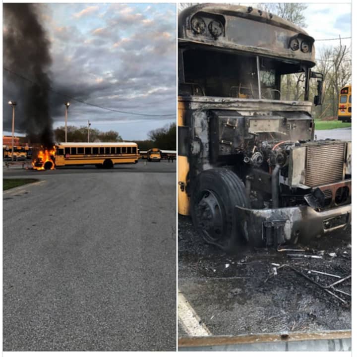 Derry Township School District bus on fire and the damage afterwards.