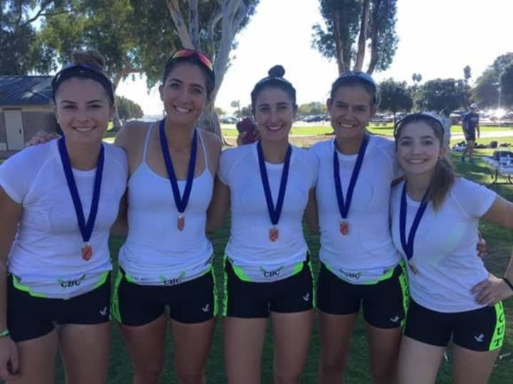 Girls from the Norwalk-based Connecticut Boat Club celebrate after winning gold at a race last weekend in San Diego.