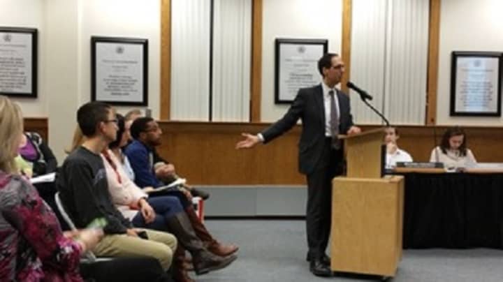 Harry Leonardatos, principal of Clarkstown High School North, makes a presentation on the WISE program to the Clarkstown Board of Education on Thursday, Jan. 21.