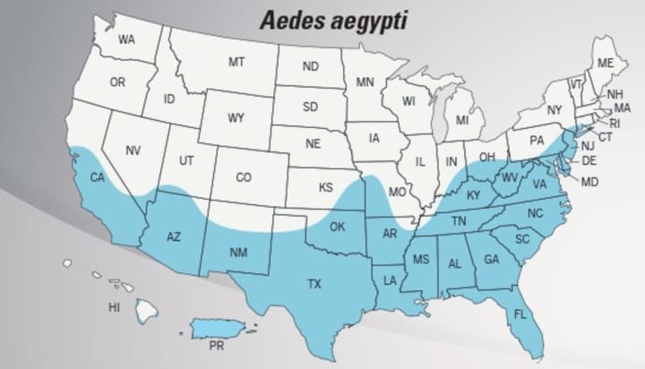 The Centers for Disease Control and Prevention&#x27;s newest map of the range of Aedes aegypti, the mosquito that carries Zika, shows it reaches much farther north than previously estimated. Shaded areas of the map do not indicate that there are infected