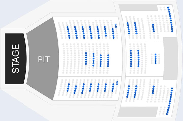 Seating chart for the May 15 Bishop Gunn show at TempleLive in Fort Smith, Ark (Available seats in blue; the rest remain empty).