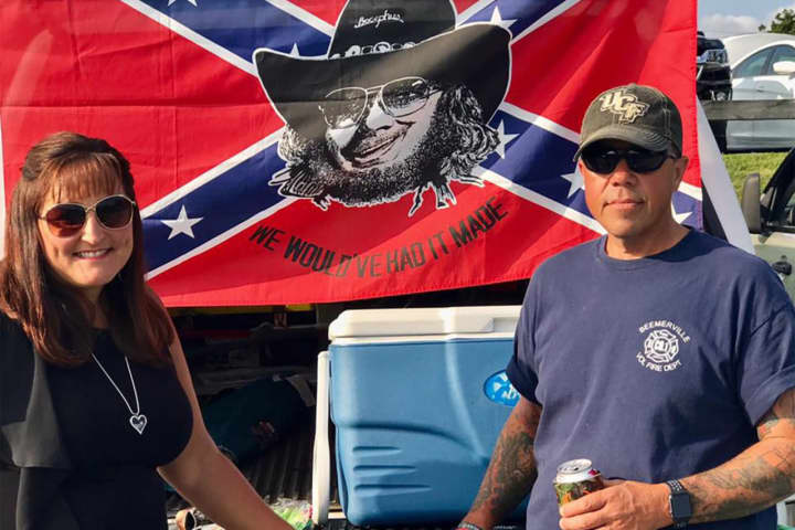 NJ Assemblyman Parker Space and his wife with a Confederate flag and the superimposed face of country singer Hank Williams Jr.