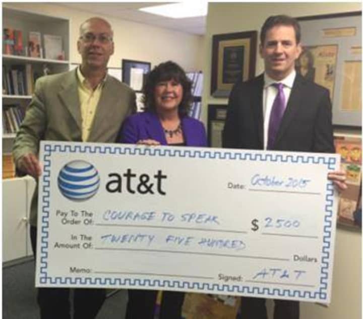 Harry Carey, director of external affairs of AT&amp;T Connecticut, Ginger Katz (CEO/founder of the Courage to Speak Foundation and state Rep. Christopher Perone.