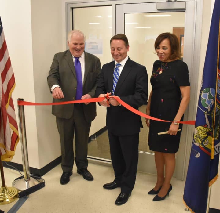 From left, Administrative Judge for the 9th Judicial District Justice Alan D. Scheinkman; Westchester County Executive Robert P. Astorino and Family Court Supervising Judge Kathie E. Davidson at the Yonkers Family Court ribbon cutting.