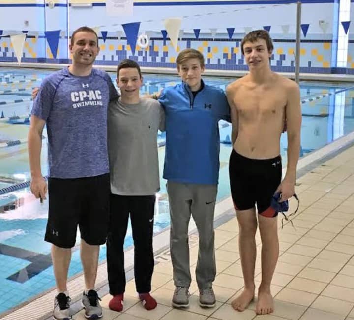 Chelsea Piers Connecticut swimmers (left to right) Brenan Morris, Tyler Sicignano, Nicholas Malchow, and Jacob Sherman set a state record in a relay at a recent state championship meet.