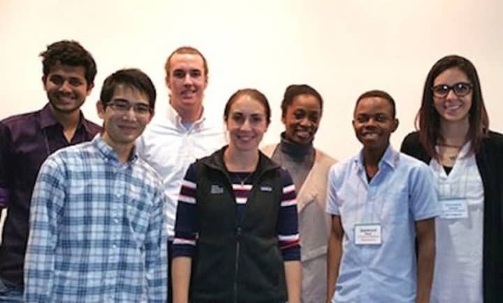Giovana Soares, far right, with her winning team at the recent Connecticut Start-up Weekend. Other team members were: Reynold Dmello, Oyindamola Ogunjobi, Desmond Ntseh, Michael Xu, Chris Lut, and Janine Tougas.