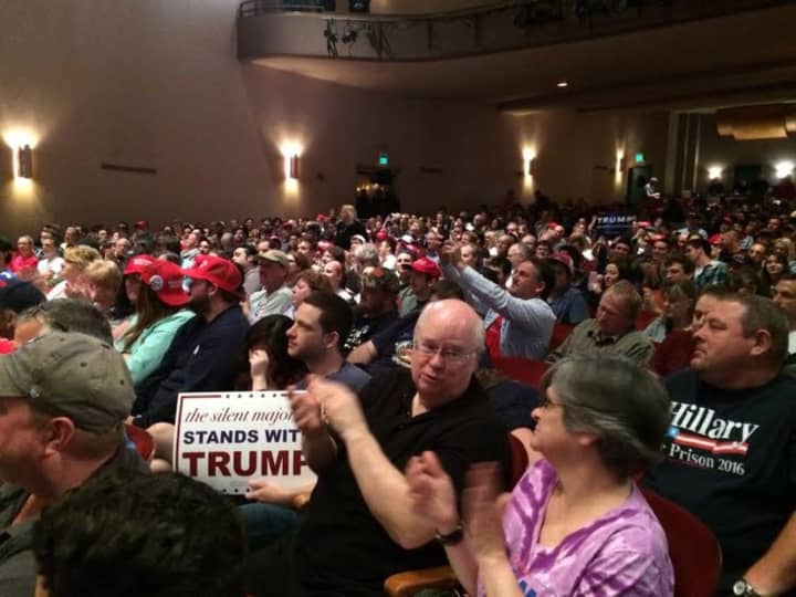 Every seat is filled at the Klein in Bridgeport more than an hour before the rally Saturday for presidential candidate Donald Trump.