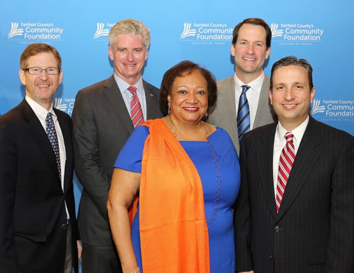 From left: Jonathan Moffly, of, Moffly Media, FCCF Board member; Bill Tommins, of Bank of America; Juanita James, CEO &amp; President, Fairfield County’s Community Foundation; U.S. Rep. Jim Himes; and state Senate Majority Leader Bob Duff.