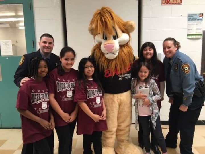 Daren the D.A.R.E. Lion visited the Kakiat Elementary School students who graduated from the Ramapo Police Department&#x27;s D.A.R.E. program.