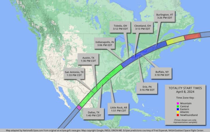 The eclipse will cross North America, passing over Mexico, the United States, and Canada. The total solar eclipse will begin over the South Pacific Ocean.&nbsp;
  

