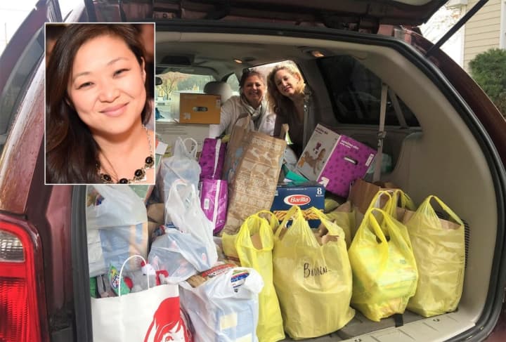 Marie Sullivan of Paramus and Allison Torres of Northvale with donations. INSET: Renee Jensen