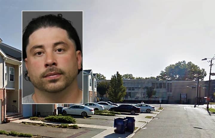 INSET: Alejandro Camargo / Background: Hackensack Middle School / Left: Camargo lived in one of the Berry Street townhouses.