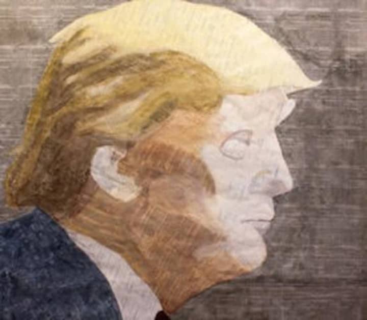 A portrait of presidential candidate and Bedford estate owner Donald Trump is one of the pieces on display at &quot;Paper Space,&quot; the Lionheart Gallery’s current exhibition.