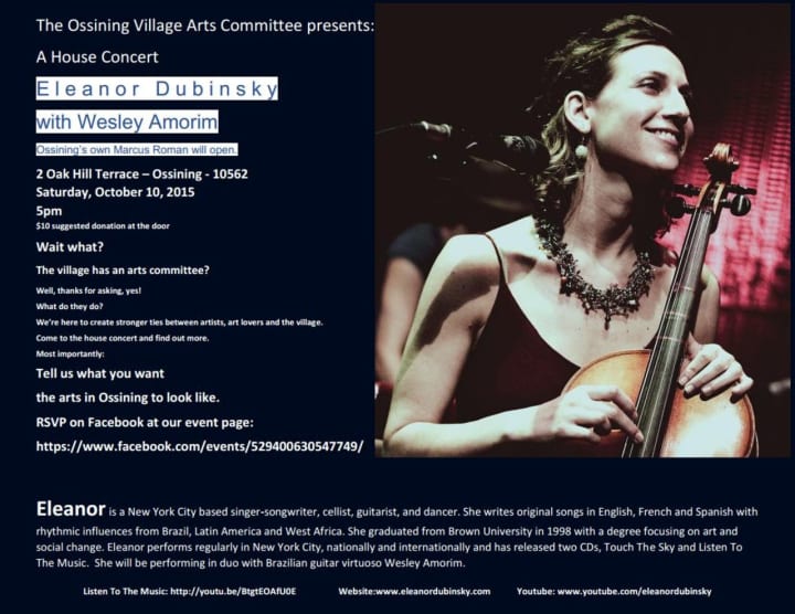 Eleanor Dubinsky and Wesley Amorim will perform a house concert presented by the Ossining VIllage Arts Committee on Oct. 10 with support from Marcus Roman.