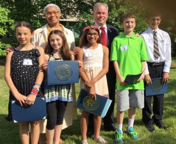 Pictured, front row from left, are Isabella Magnotta, Marly Fisher, Sofia Martino, Jackson Delaney and Michael Peraglia; and back row, Natalie Patasaw and Rockland County Executive Ed Day.