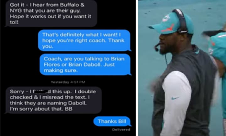 Brian Flores and an excerpt from the Belichick text exchange.