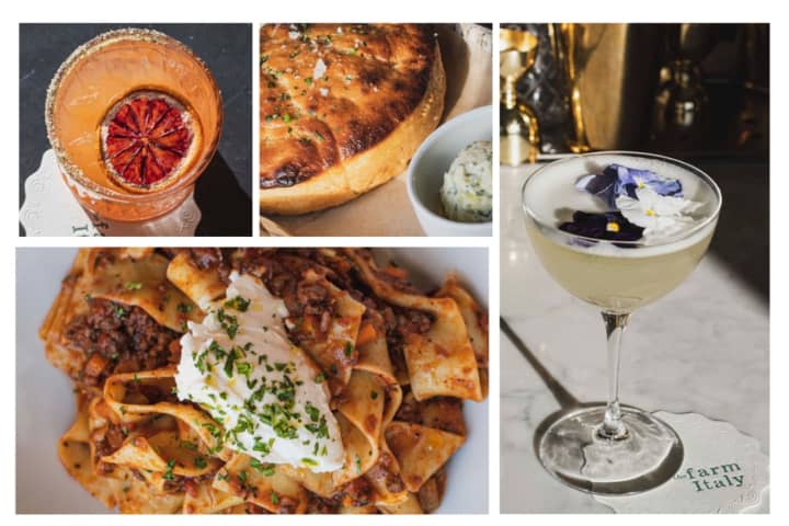 New Huntington restaurant The Farm Italy offers dishes and drinks such as the blood orange margarita, house bread with herb butter, pappardelle, and gin and chamomile sour.