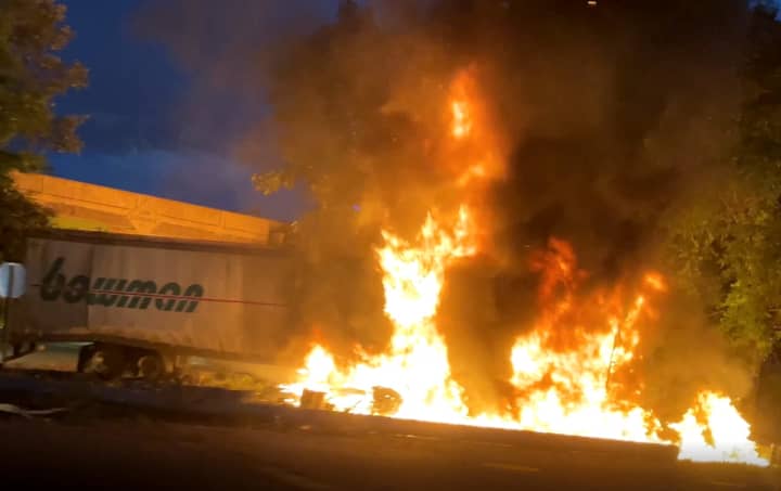 A tractor-trailer died in a fiery crash off westbound Route 80 in Rochelle Park on Saturday, Aug. 6.
