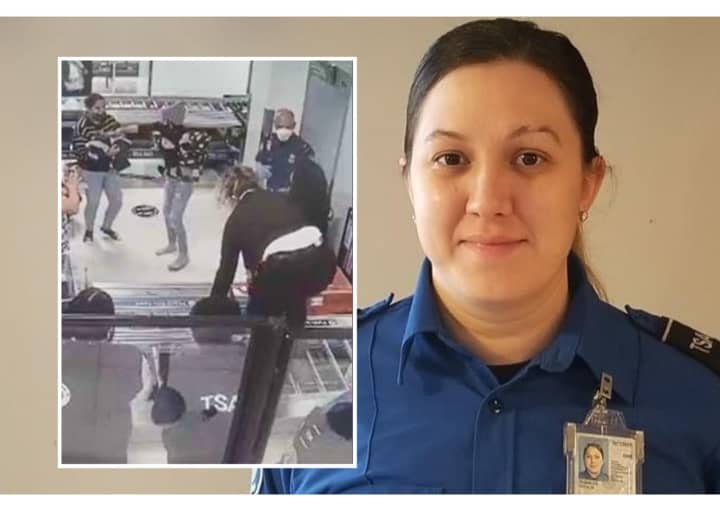 TSA Officer Cecilia Morales vaults into action at Newark Airport.