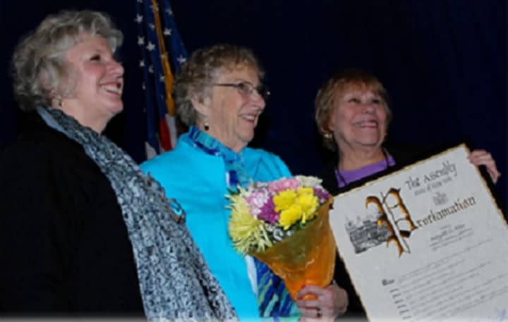 Longtime Dutchess County legislator Margaret Fettes, center, was honored in 2012 at a ceremony in Albany with a senior citizens award. Fettes died Tuesday, June 7, at the age of 90. Flags were flown at half-staff around the county in her honor.