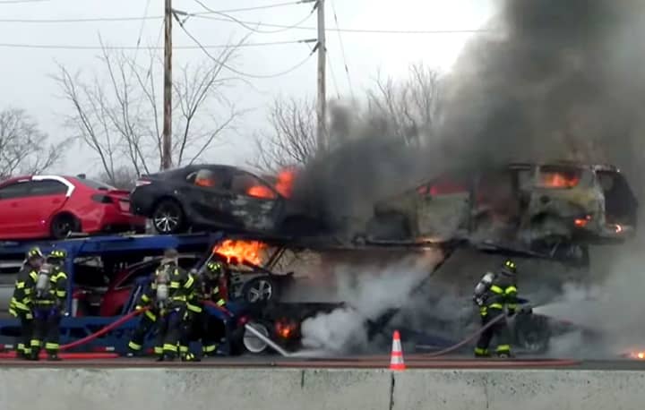 Car carrier fire on westbound Route 80 in Wayne