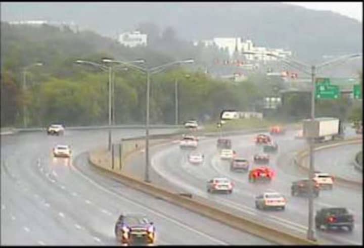 I-84 in Danbury is rain-soaked on Friday morning.