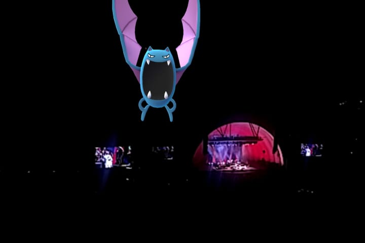 A Golbat swoops in during a nighttime session of Pokémon Go.