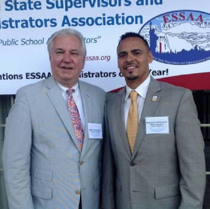 Mount Vernon principal Ron Gonzalez, right, stands with Region 2-RASA president Michael McDermott in Saratroga Springs after receiving the &quot;Region 2 Outstanding Administrator of the Year&quot; award.