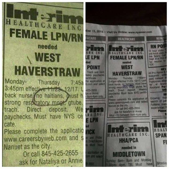 The NAACP has filed a complaint against the companies involved in publication of this Pennysaver ad that discriminates against Haitians.