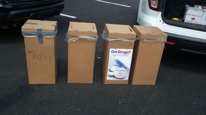 Boxes filled with prescription drugs at the last drug take back event in Haverstraw. Another event is planned for Saturday at three CVS stores in Rockland County.