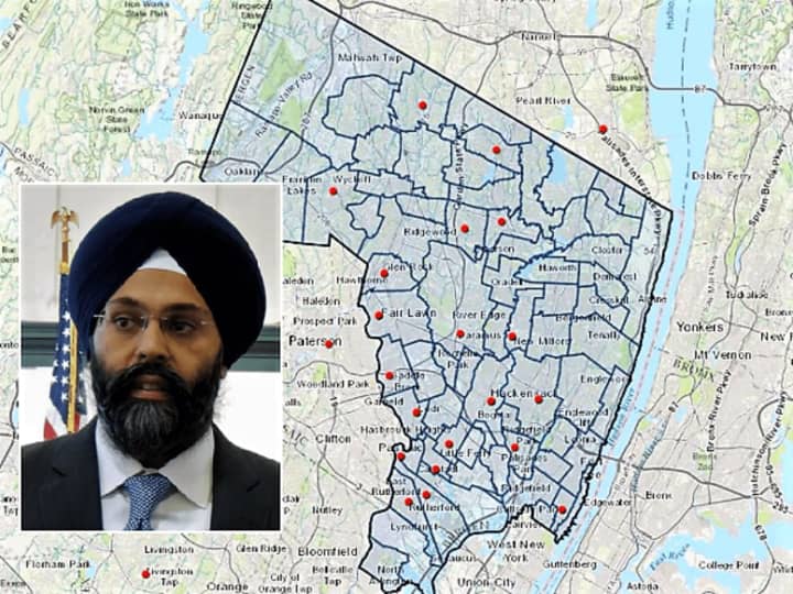 Arrests were made in the marked towns, Bergen County Prosecutor Gurbir S. Grewal (inset) said.