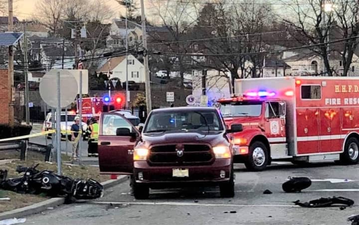 The crash occurred shortly after 3 p.m. on Route 17 at Franklin Avenue in Hasbrouck Heights. The garbage truck is out of the frame.