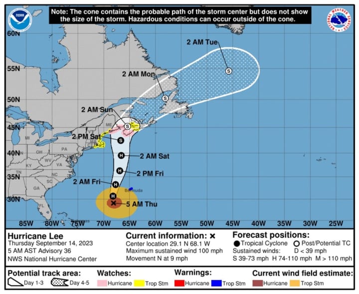 A look at Hurricane Lee&#x27;s projected track through 2 a.m. Tuesday, Sept. 19.