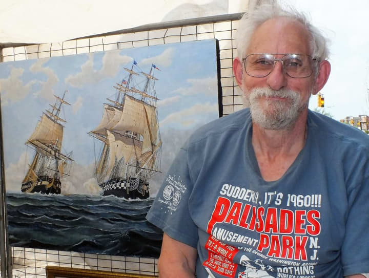 Fort Lee artist Barry Shiff with one of his ship paintings. He will be one of 75 artists at the 12th Annual Outdoor Craft Show at the historic Hermitage Museum Saturday.