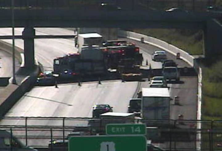 A tractor-trailer accident is blocking most of southbound I-95 in Norwalk on Wednesday afternoon. 