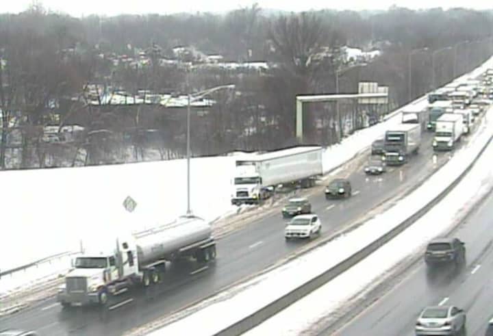 A disabled tractor-trailer is blocking the right lane of I-95 north at Exit 20 for Bronson Road in Fairfield on Saturday morning.